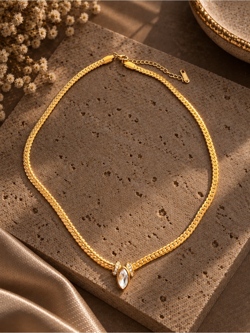 Gold Crystal Marquise Pendant Chain Necklace